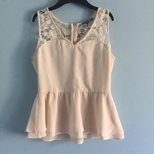 TINLEY ROAD Chiffon Peplum top Cream Lace Crochet camisole blouse sleeveless